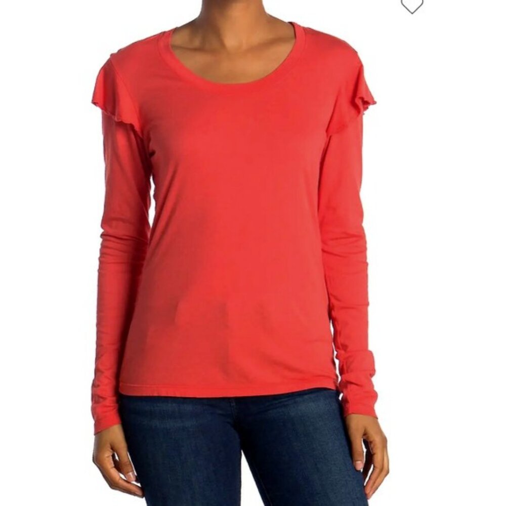 SUNDRY Coral Ruffle Shoulder Long Sleeve T-Shirt Pullover Top SM NWT